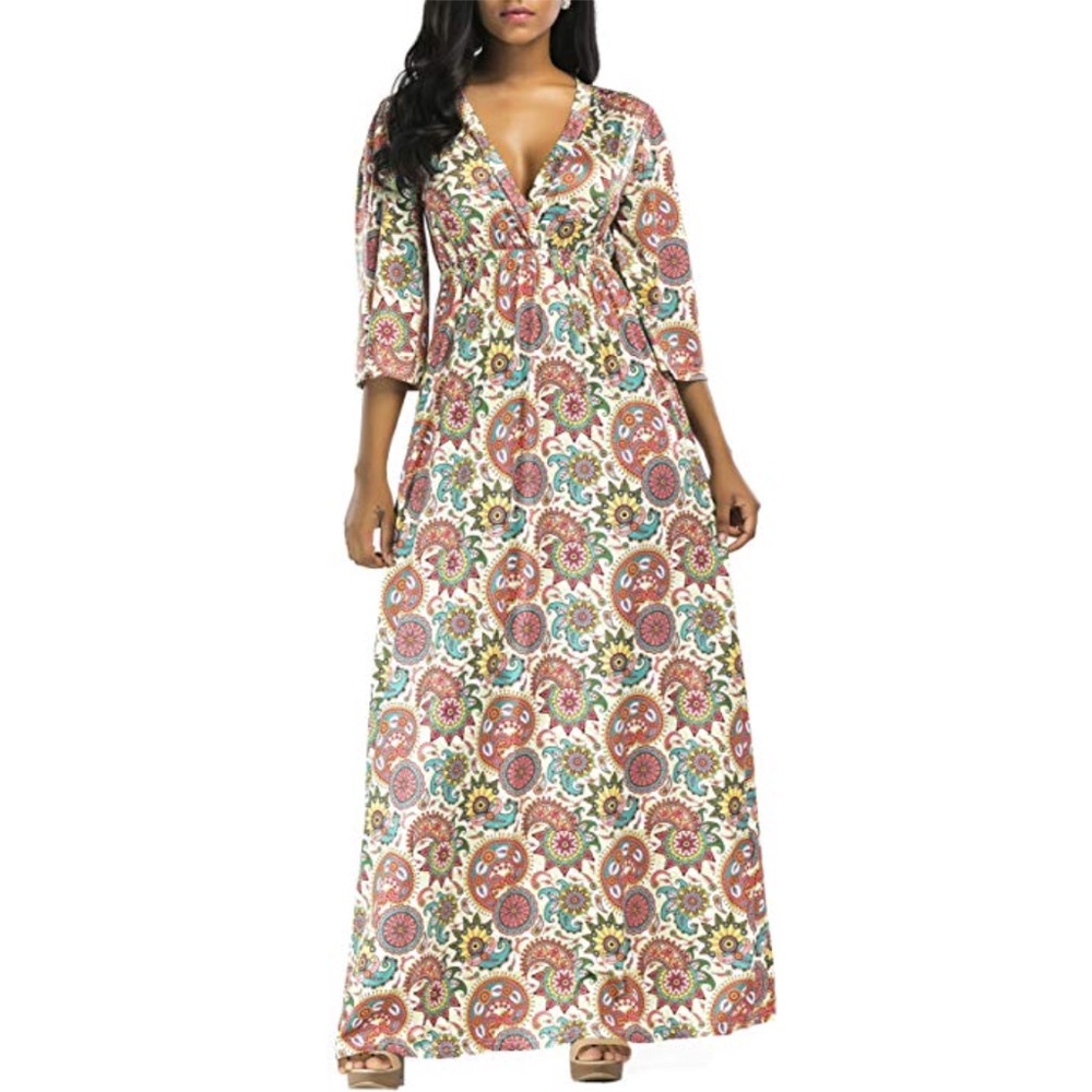 Paisley Floral Print Plus Size Bohemian VNeck Maxi - Picture 2 of 6